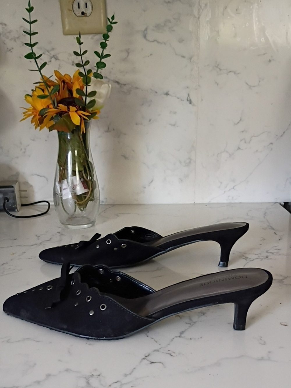Dominique Nicole Black Pointed-Toe Eyelet Kitten Heel Mules